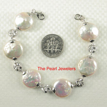 Load image into Gallery viewer, 9400182-Genuine-Peach-Coin-Pearl-Bracelet-925-Sterling-Silver-Plumeria-Links