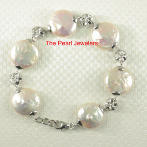 9400182-Genuine-Peach-Coin-Pearl-Bracelet-925-Sterling-Silver-Plumeria-Links