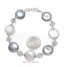 Load image into Gallery viewer, 9400185-Sterling-Silver-Plumeria-Black-White-Genuine-Coin-Pearl-Bracelet