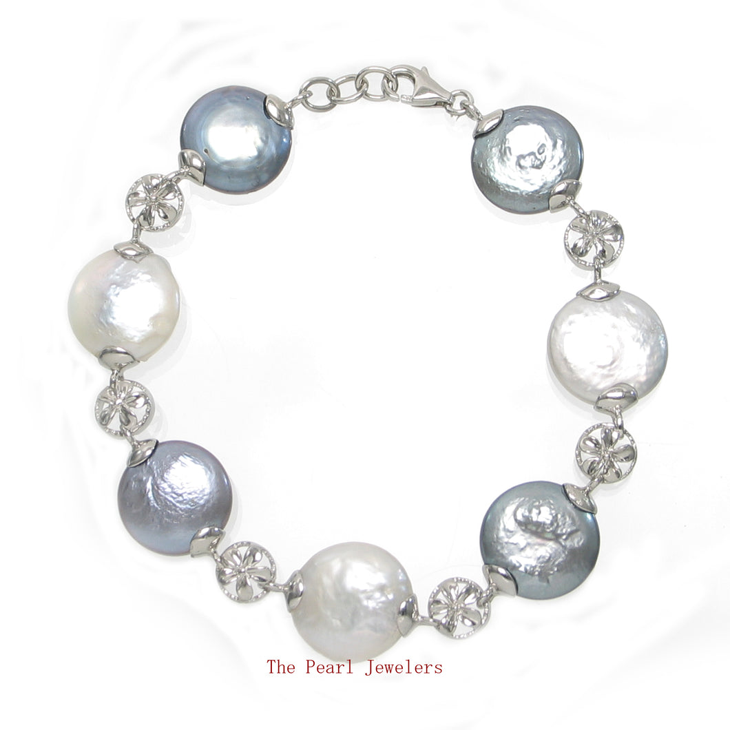 9400185-Sterling-Silver-Plumeria-Black-White-Genuine-Coin-Pearl-Bracelet