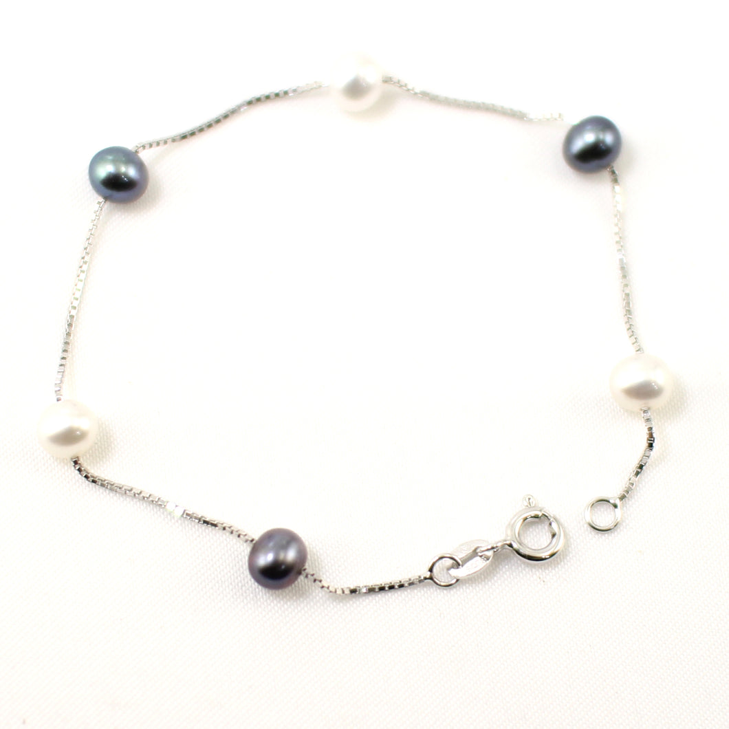 Black & White Freshwater Pearl Bracelet – Sterling Silver Box Chain
