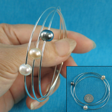 9401224-Hand-Crafted-Silver-925-16-Gauge-Wire-Triple-Bangles-Freshwater-Pearl