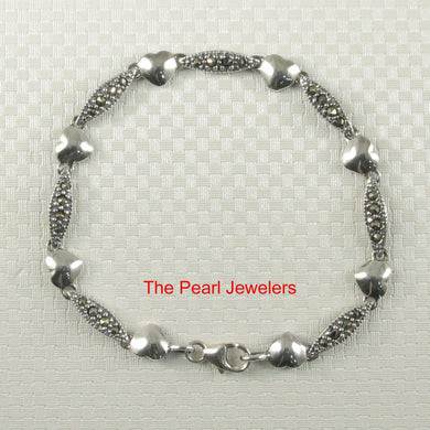 9405031-Sterling-Silver-Hand-Crafted-Marcasite-Heart-Links-Bracelet