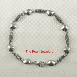 9405031-Sterling-Silver-Hand-Crafted-Marcasite-Heart-Links-Bracelet
