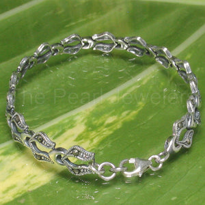 9405081-Hand-Crafted-Twin-Leaf-Design-Marcasite-Bracelet-Sterling-Silver