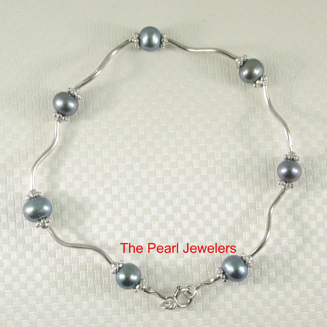 Black Freshwater Pearl Tin-Cup Bracelet – 925 Sterling Silver