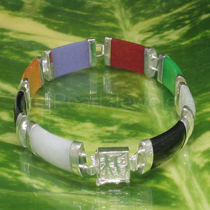 9410139-Eight-Segment-Multi-Color-Jade-Bracelet-Sterling-Silver-Links