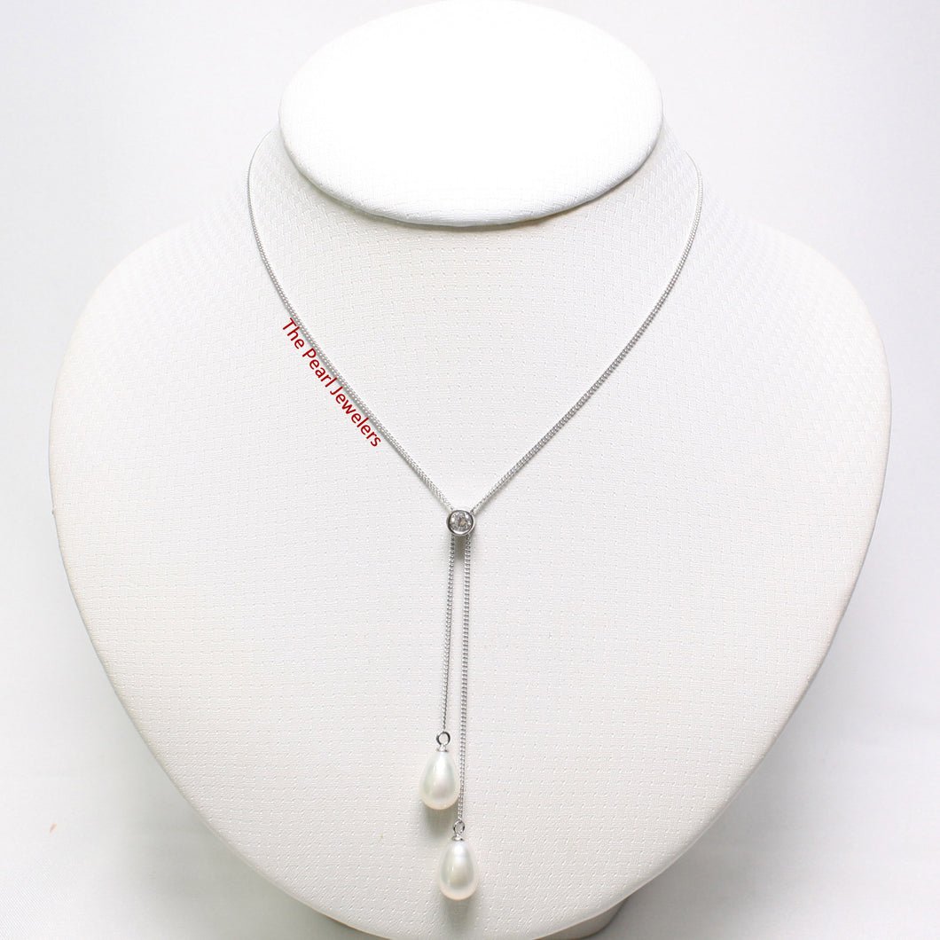 Solid Silver .925 CZ Twin White Pearl Necklace