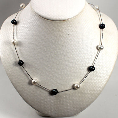Solid Silver .925 Tin-Cup Black & White Pearls Necklace