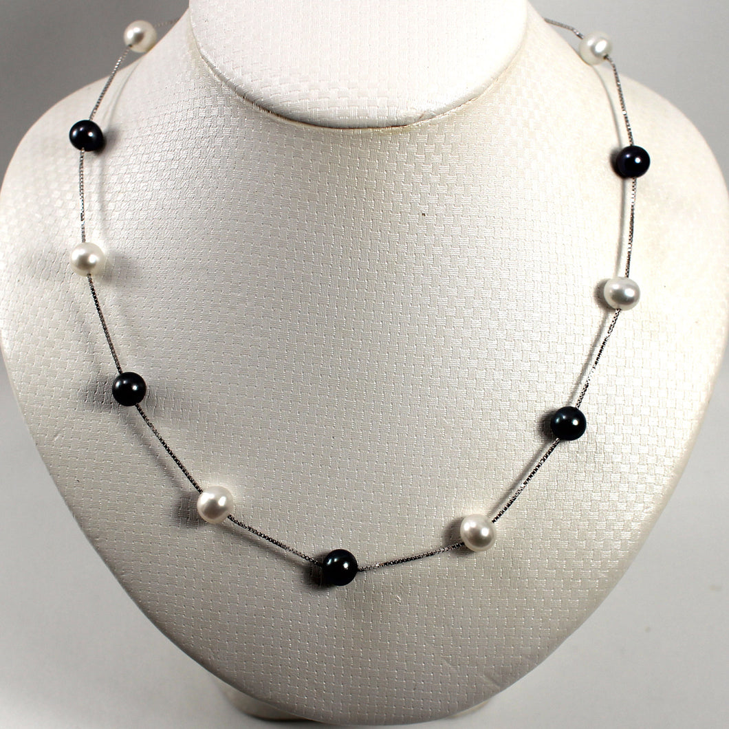 Solid Silver .925 Tin-Cup Black & White Pearls Necklace