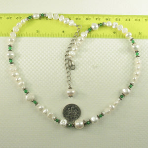9600110E-Baroque-White-F/W-Pearls-Emerald-Glass-Crystals-Necklace