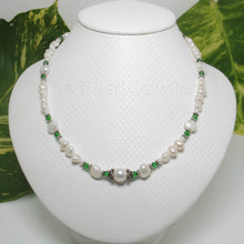 Load image into Gallery viewer, 9600110E-Baroque-White-F/W-Pearls-Emerald-Glass-Crystals-Necklace