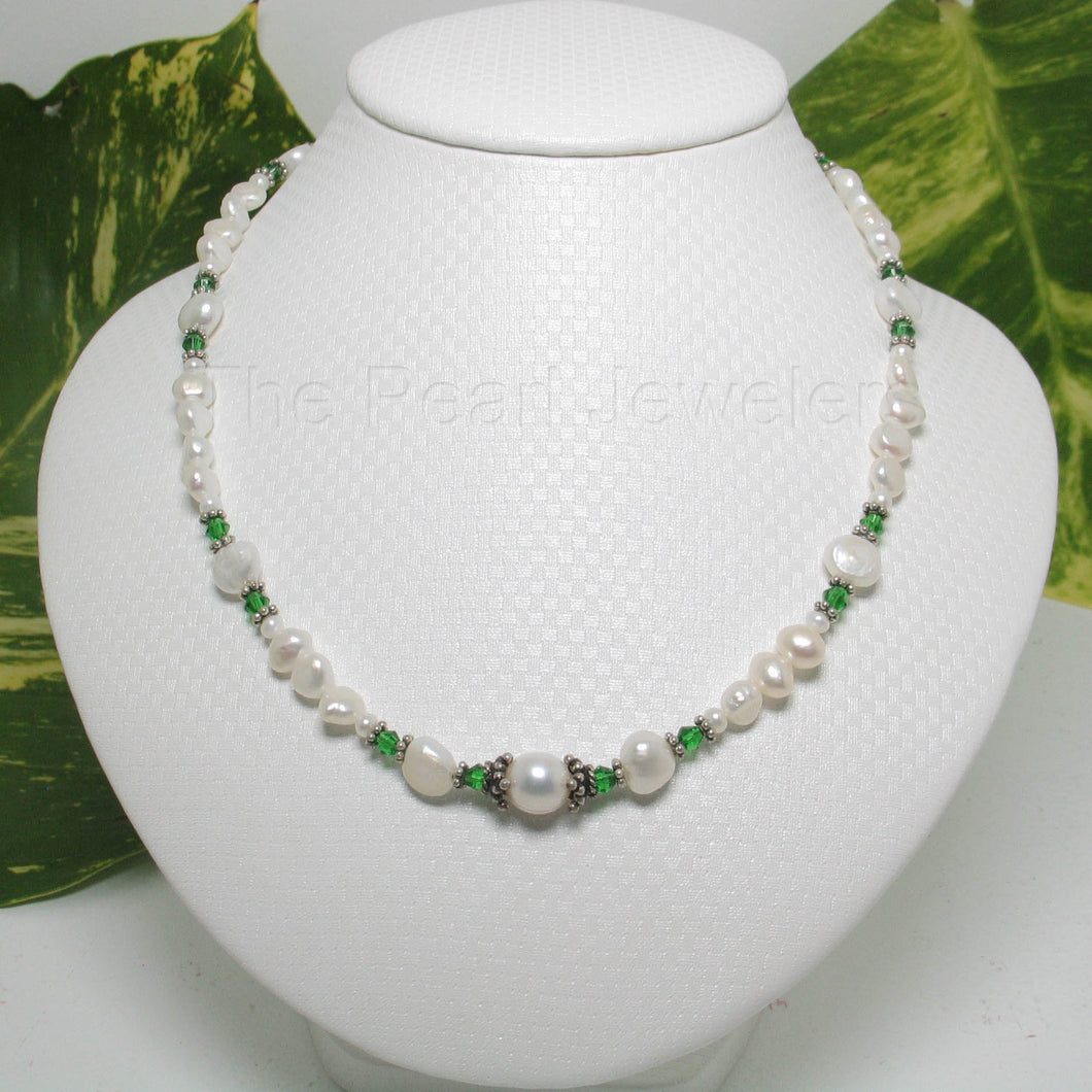 9600110E-Baroque-White-F/W-Pearls-Emerald-Glass-Crystals-Necklace
