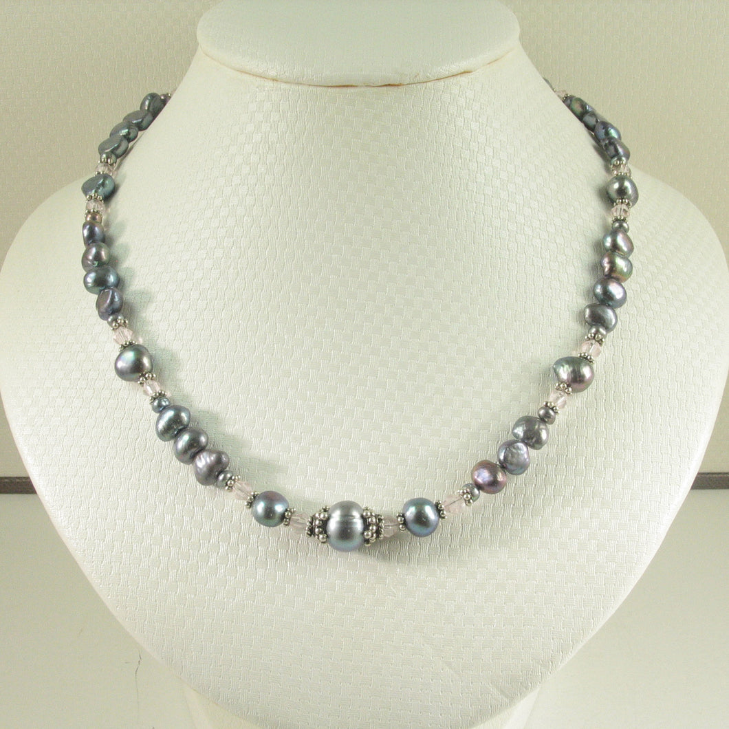 9600111R-Silver-.925-Black-Pearls-Rose-Quartz-Glass-Crystals-Necklace