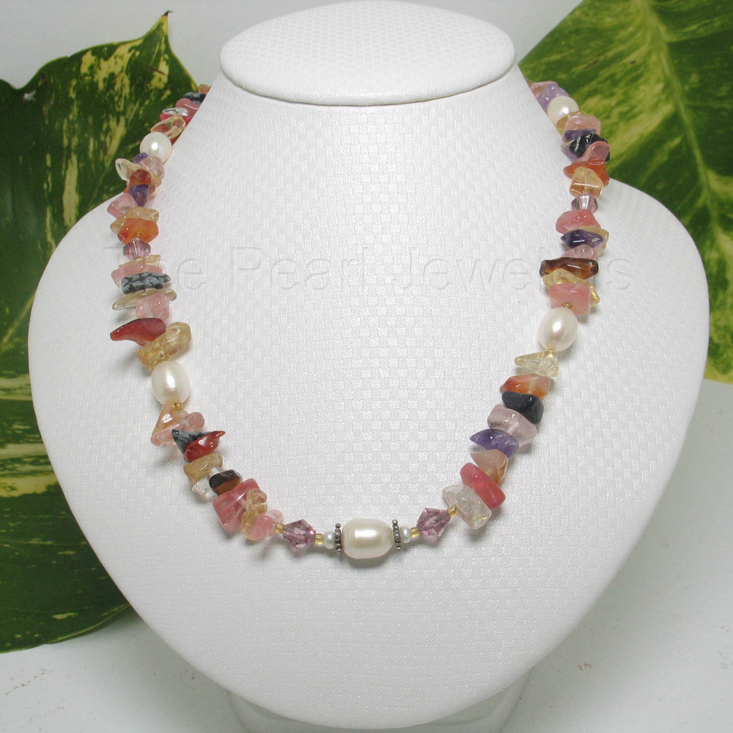 9600142-Sterling-Silver-White-F/W-Cultured-Pearls-M/C-Gemstone-Chips-Necklace