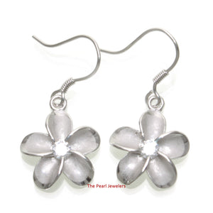 9130060-Solid-Sterling-Silver-Cubic-Zirconia-Plumeria-Dangle-Hook-Earrings