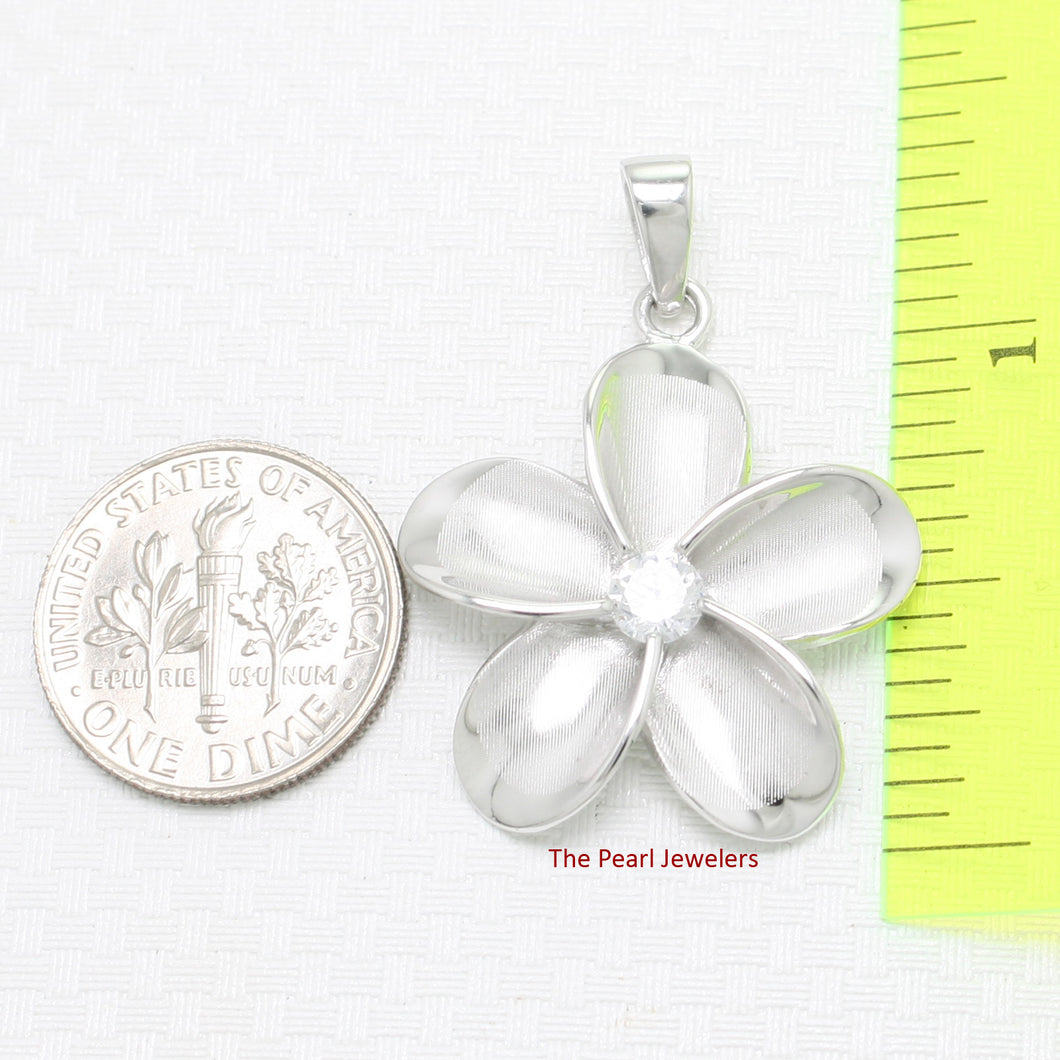 9230070-Solid-925-Sterling-Silver-Hawaiian-Plumeria-Cubic-Zirconia-Pendant